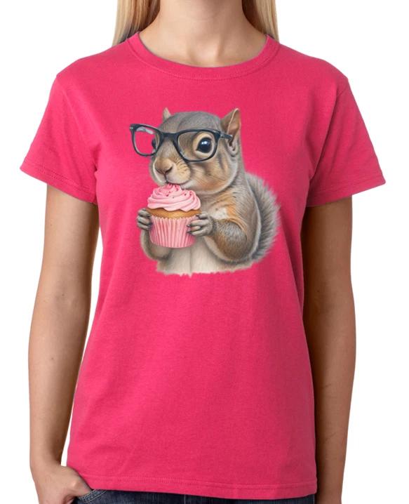 Cute Squirrel Eating A Cupcake Wearing Glasses T-Shirt Ladies Fitted Top XXL