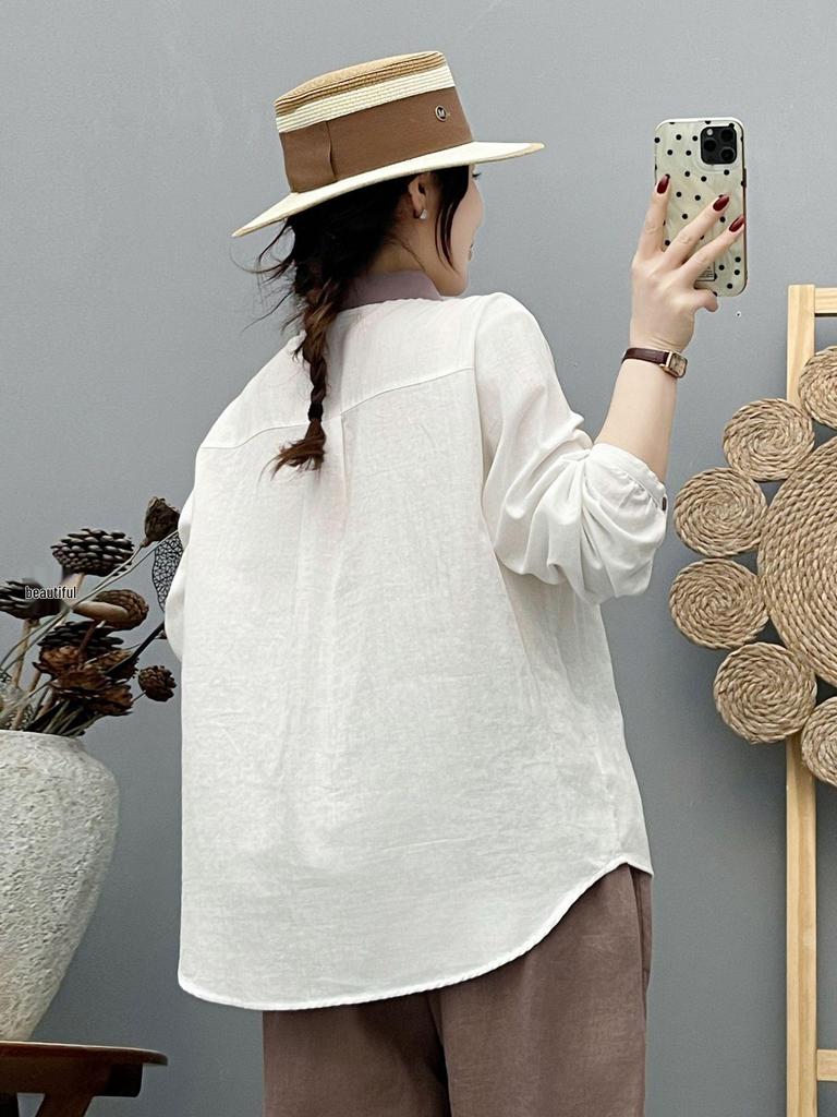 Women's Retro Embroidered Collar Double-Layer Cotton Long-Sleeve Shirt, Spring 2026 Collection - Soft, Skin-Friendly, and Breathable