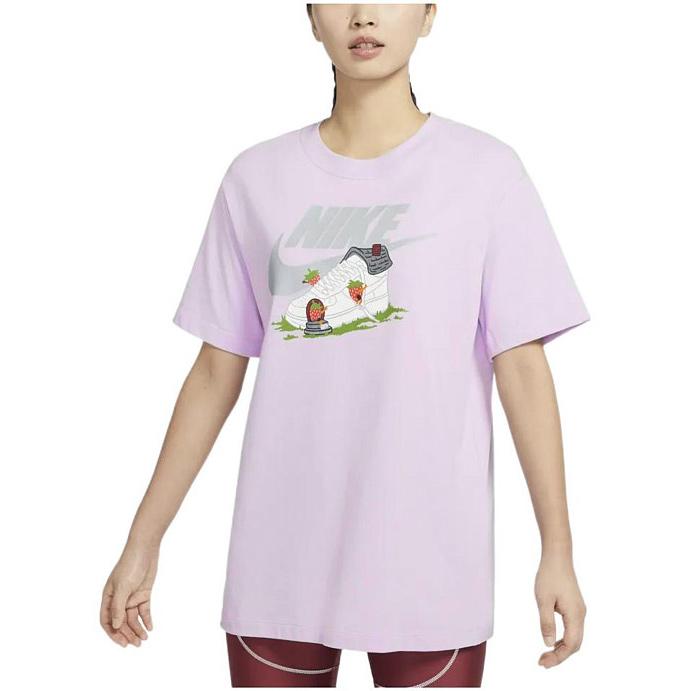Nike Sportswear Graphic Sneaker Logo Print Short Sleeve T-Shirt Women Tops Pink Purple DR9021-530