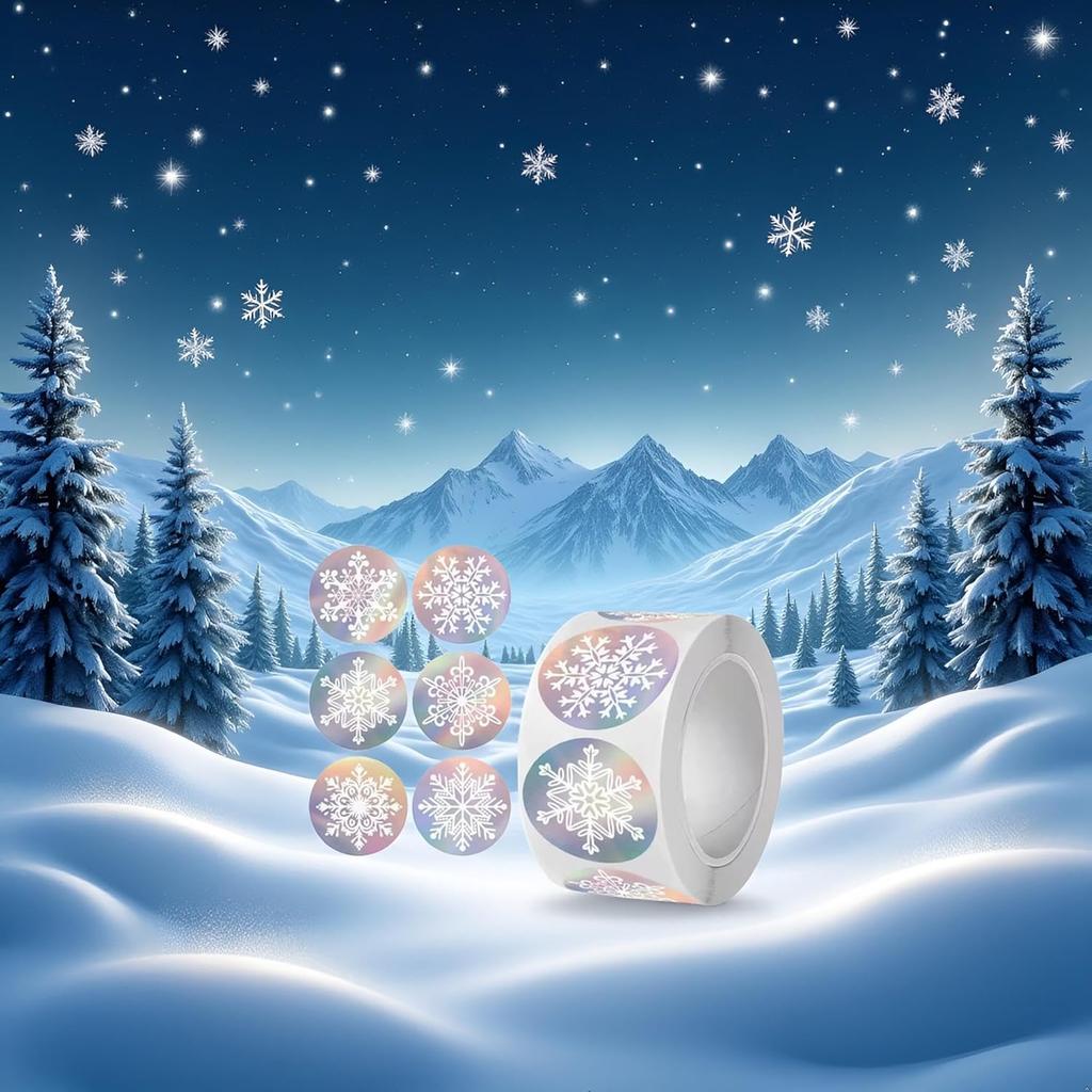 500 Pcs Holographic Snowflake Stickers,Christmas Adhesive Stickers Colorful Round Label Sticker for Envelope Cookie Candy Box (3.8cm)