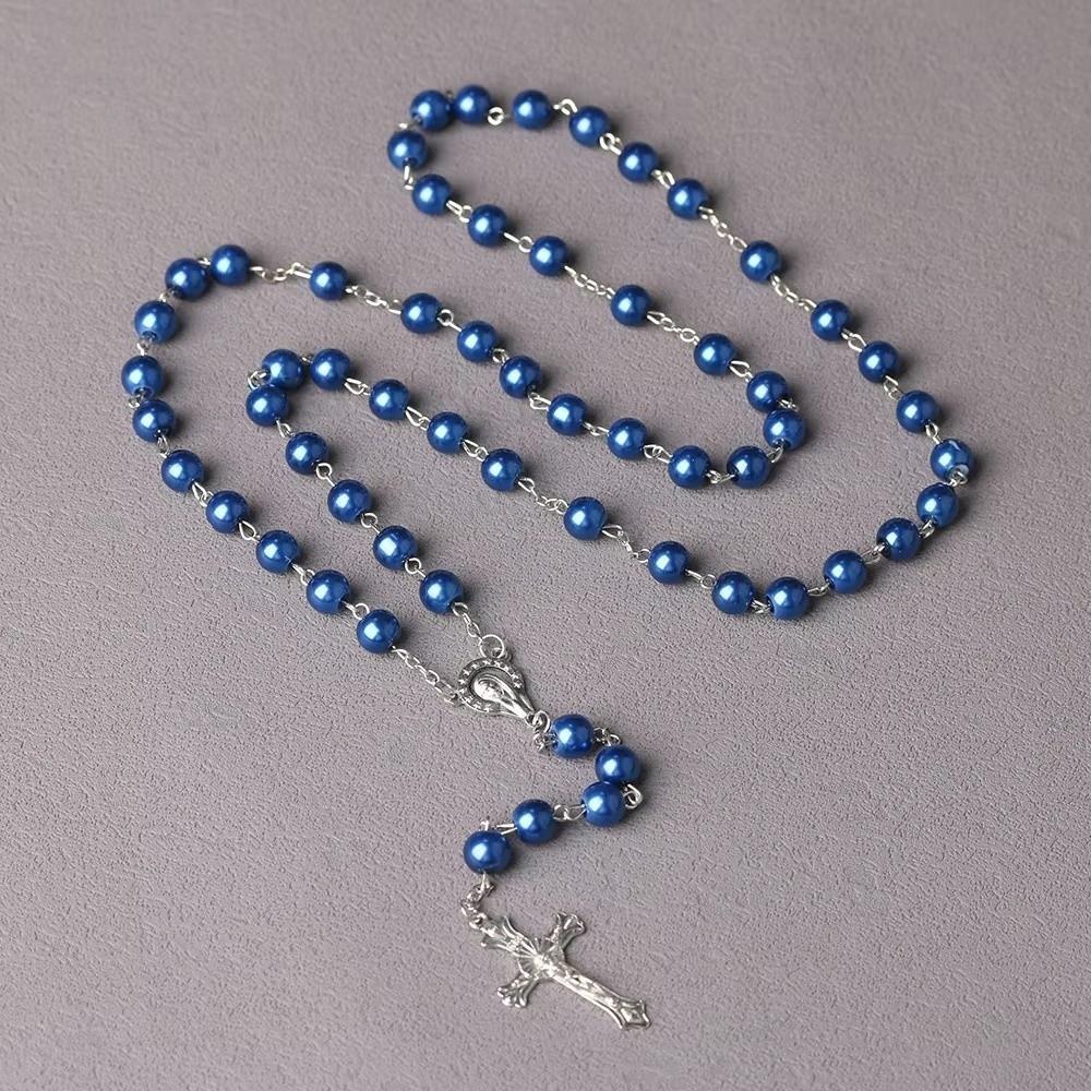 Collana con Ciondolo Rosario di Perle Finte Stile Vintage Ciondoli Religiosi Rosario Cattolico