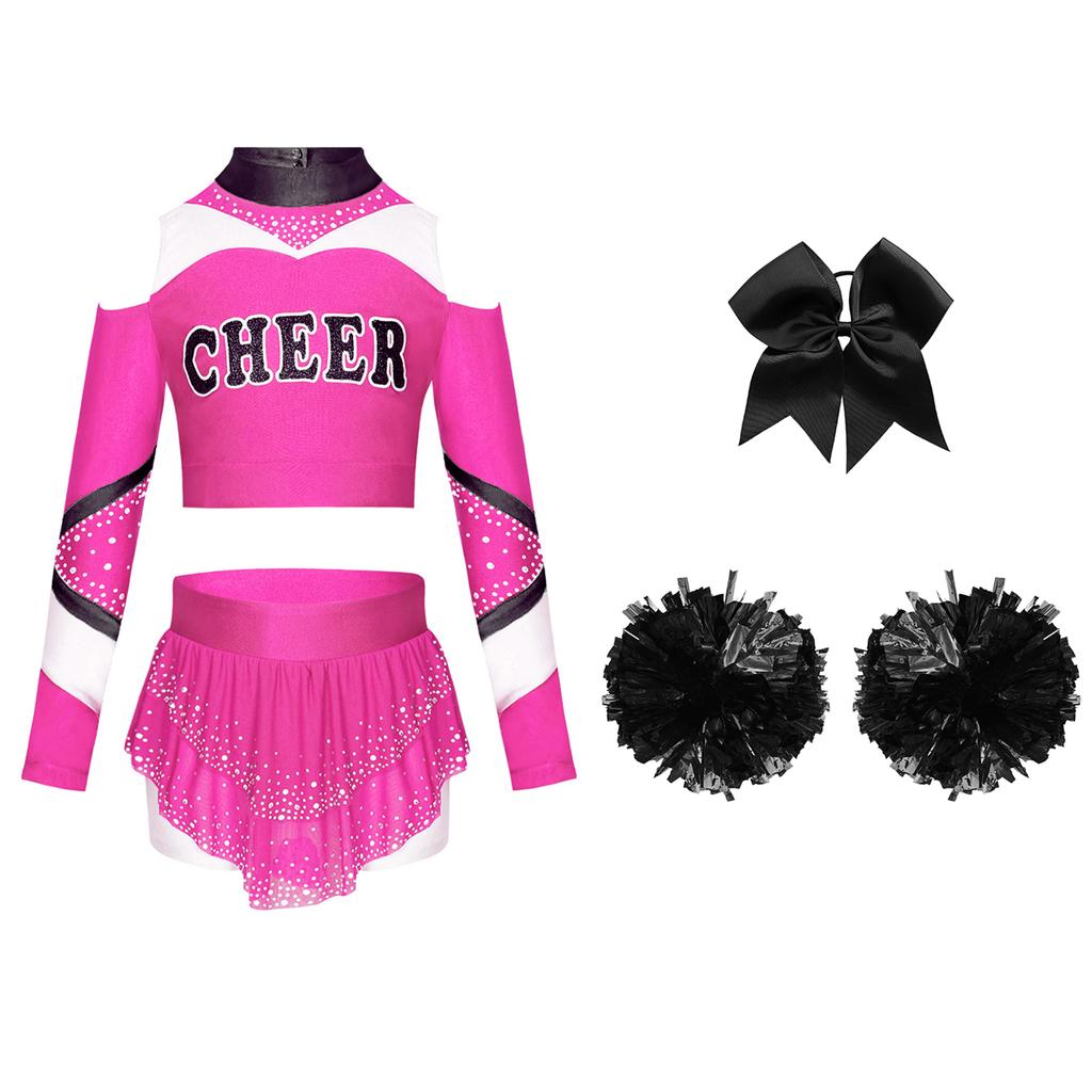 Dívčí cheerleadingová sada Odhalená ramena Dlouhý rukáv Zadní výstřih Klíčová dírka Barevný blok Potisk písmen Zkrácený top Kamínky Sukně Mašle Čelenka Pompony