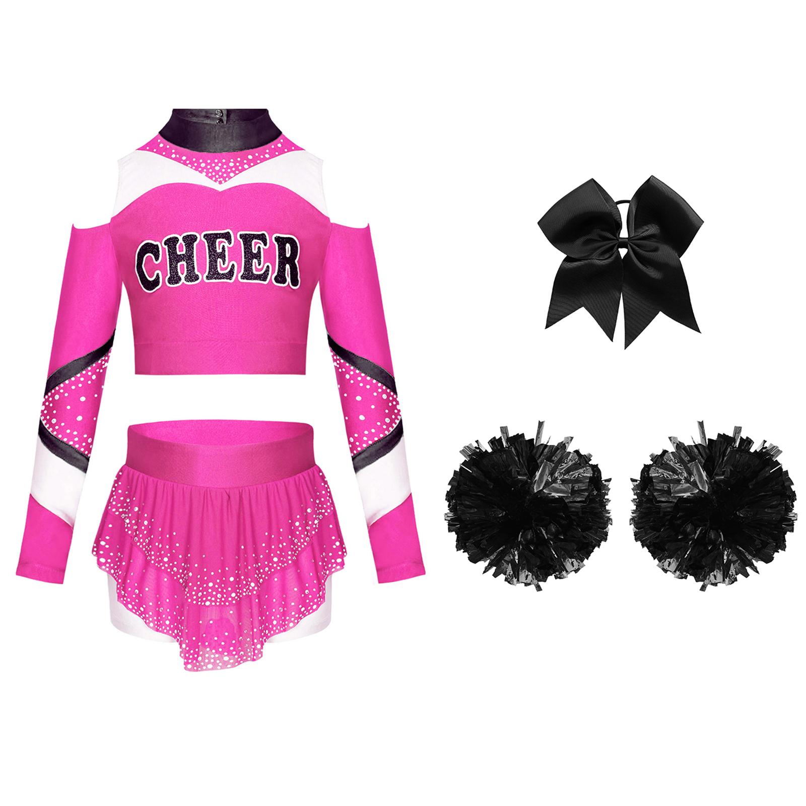 

Дівчачий чирлідинговий набір з відкритими плечима, з довгим рукавом, з вирізом на спині, кольоровий блок, принт з літерами, кроп-топ, спідниця з стразами, пов язка з бантом, помпони 9-10 Years гарячі рожевого кольору/чорний
