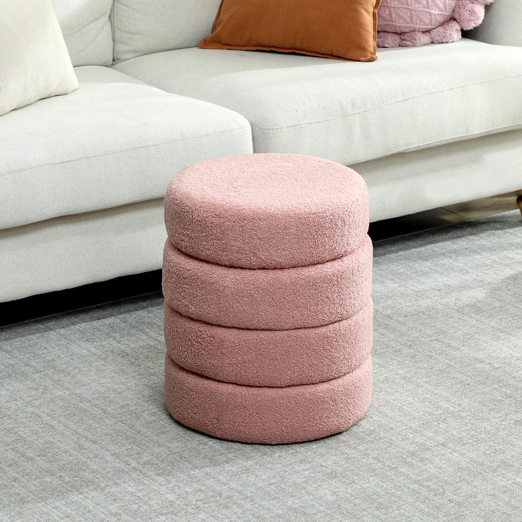 Living Room Footrest, Round Ottoman Stool, Plush Teddy, 40 x 45 cm, Pink