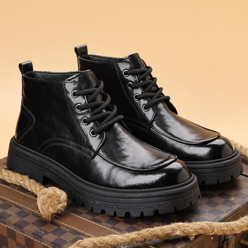 Black fashion Martin boots men's 2024 autumn and winter new velvet warm high-top cotton shoes Martin boots men