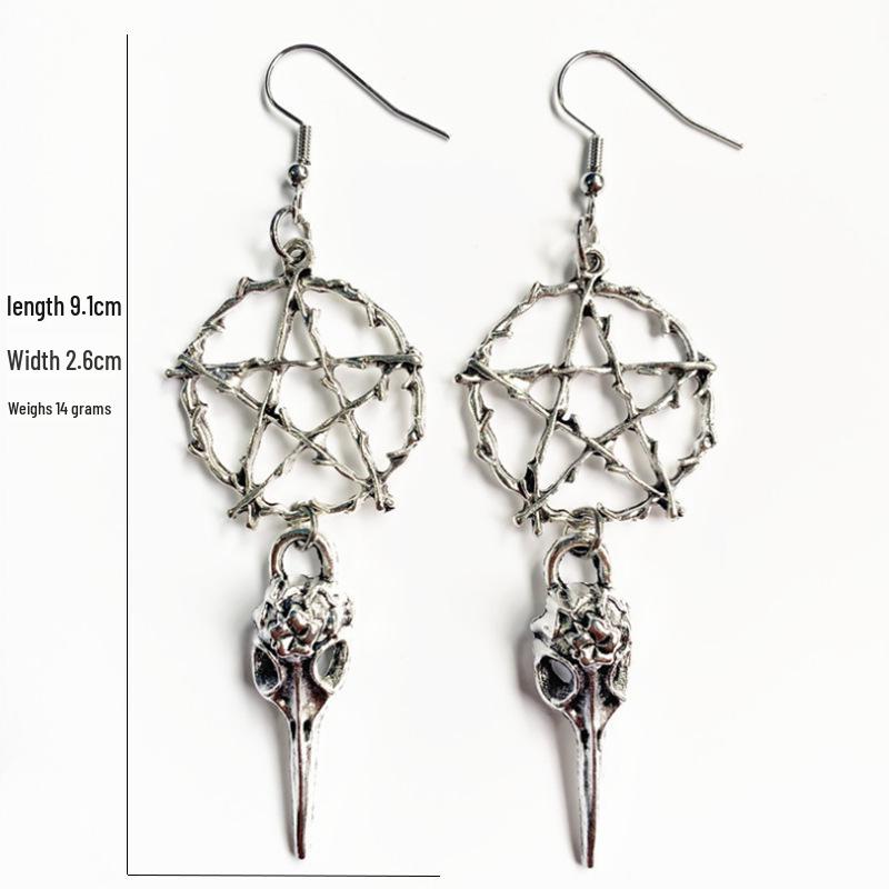 Gothic Skull Crow Pentagram Earrings - Dark Halloween Jewelry