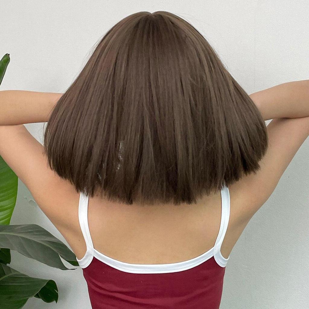 HAIRCUBE Short Brown Synthetic Natural Wig for Women Straight Shoulder Length Brown Hair With Bangs Heat Resistant Daily Cosplay