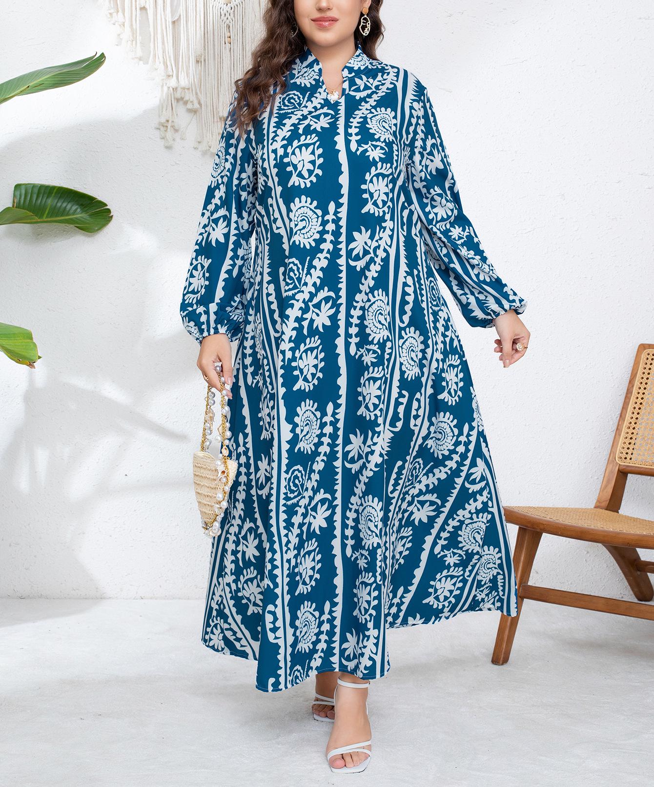 

Plus Size V-Neck Printed Elegant Dress - Retro Style for Spring/Autumn XXXXXL синій