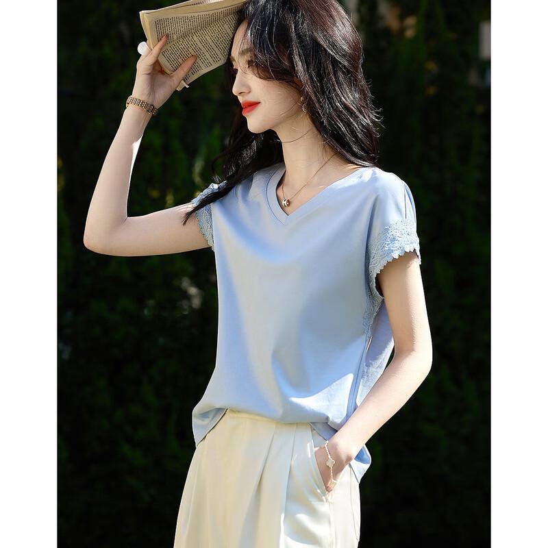 Demana Women's Summer V-Neck Lace Trim Mercerized Cotton T-Shirt