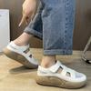 Hollow Out Summer Women's Shoes Middle Heel Waterproof Platform Sandals White Leather Thick Heels Soft Soles Half Drag Indoor