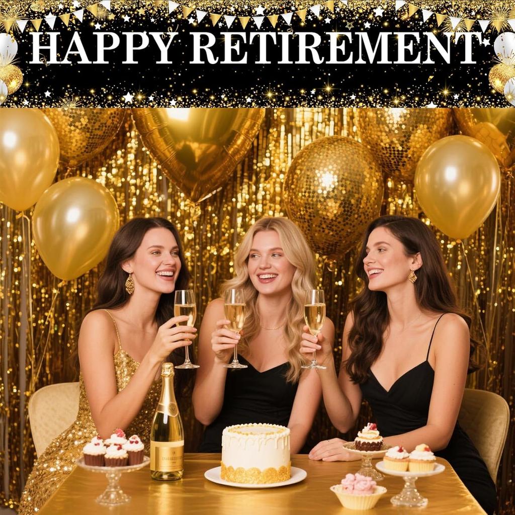 Black Gold Happy Retirement Banner for Women Man, Large Retirement Yard Sign for Porch/Fence/Lawn Decorations - Retire Party Supplies & Hanging Decor