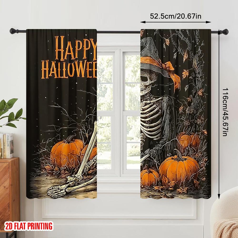 2pcs,2D Plane Printing Minimalist Curtains Spooky Skull & Pumpkin 100% Polyester (without Rod) Art Deco Festive Perfect for