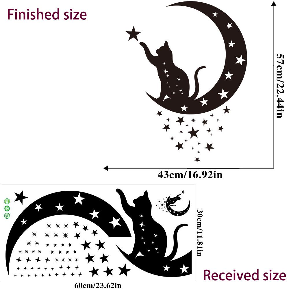 Black Moon Cat Wall Stickers Stars Home Bedroom Decor Peel and Stick Wall Art Removable Vinyl Decals for Room Beautification