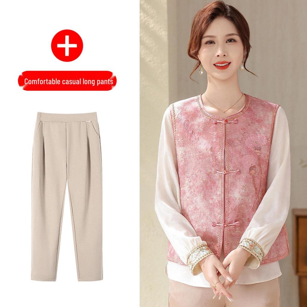 Elegant Spring National Style Two-Piece Vest Set for Mother's Day - Chic Middle-Aged & Elderly Women's Fashion