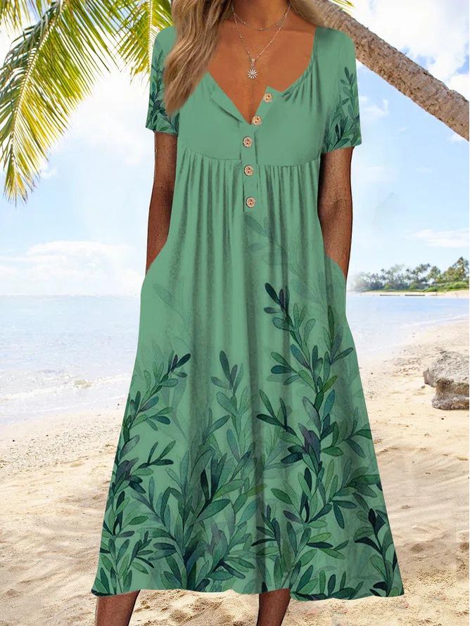 2026 Spring V-Neck Button Short-Sleeve Maxi Dress with Pockets