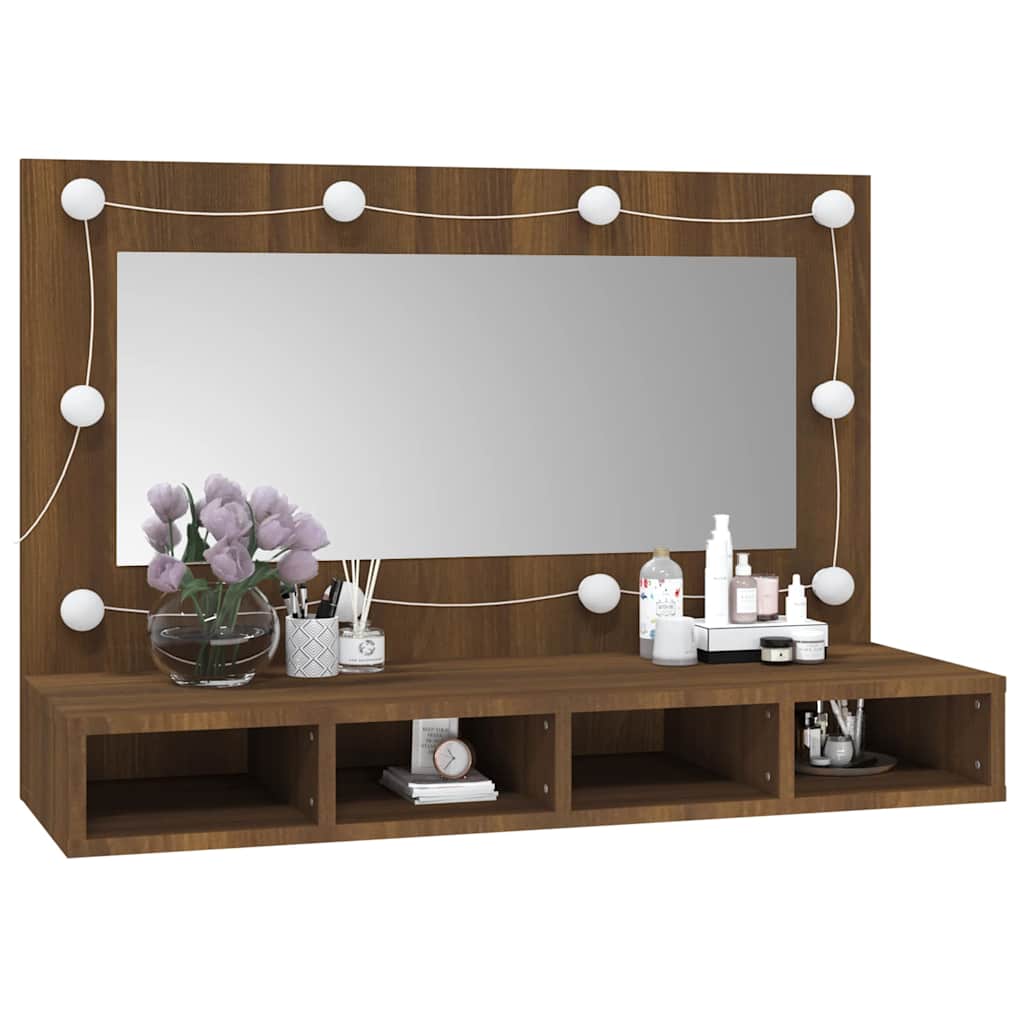 Mirror Cabinet with LED Lighting Brown Oak Effect 90 X 31.5 X 62 Cm