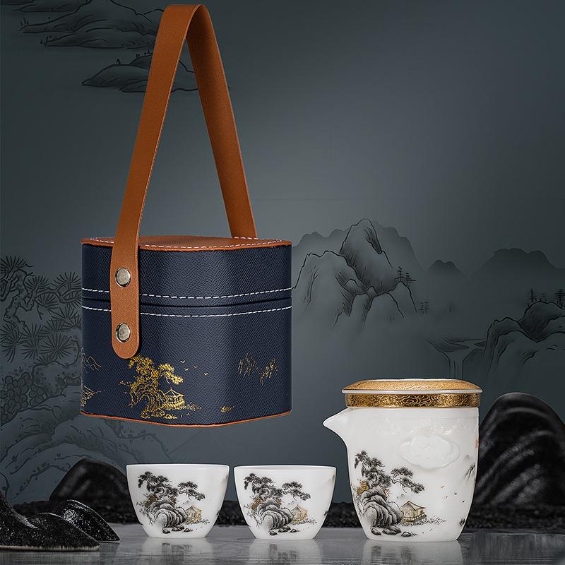 Фарфоровый дорожный чайный набор «Ледяной нефрит»: Керамический стакан быстрого приготовления, один горшок, две чашки, портативный и стильный.