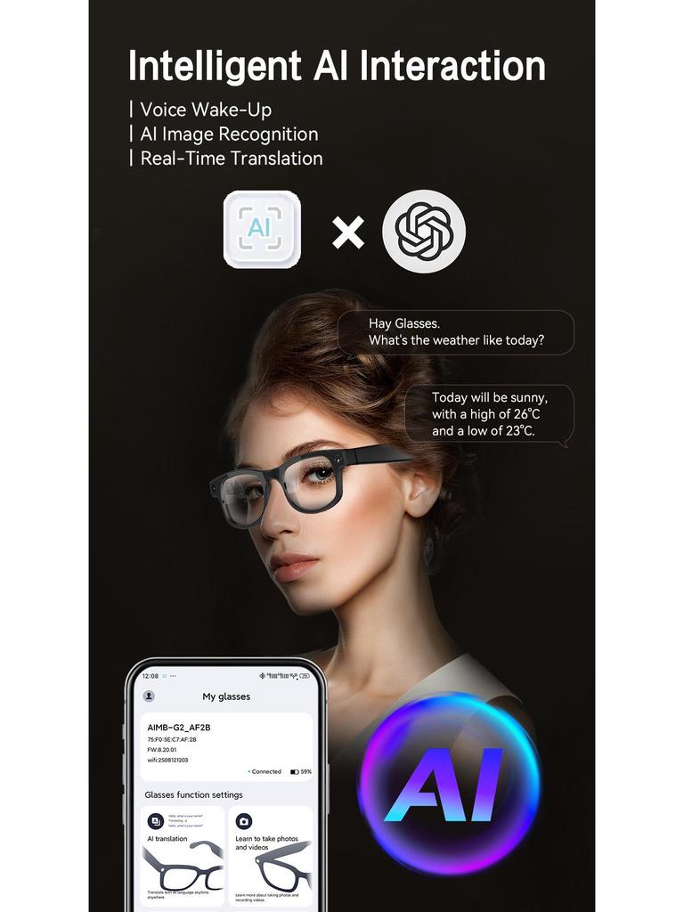 KI-Smart-Brille mit 8MP Kamera, Bluetooth-Musik, Anrufannahme & Übersetzung