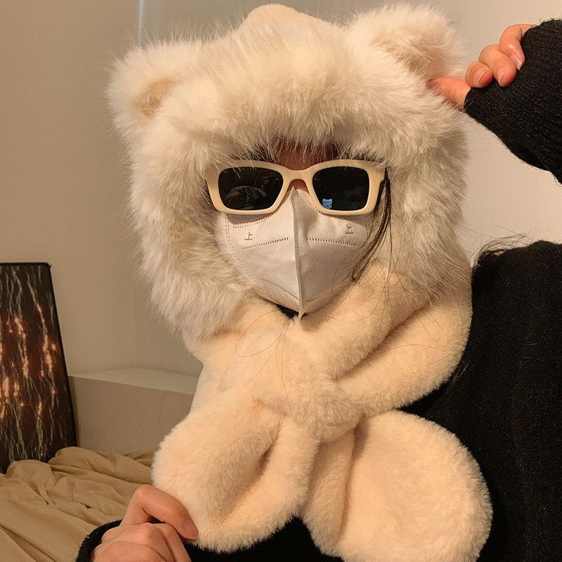 Warm Winter Scarf Bear Plush Hat Scarf Integrated Thickened Ear Protection Hat Cold Protection Lei Feng Hat Two in one