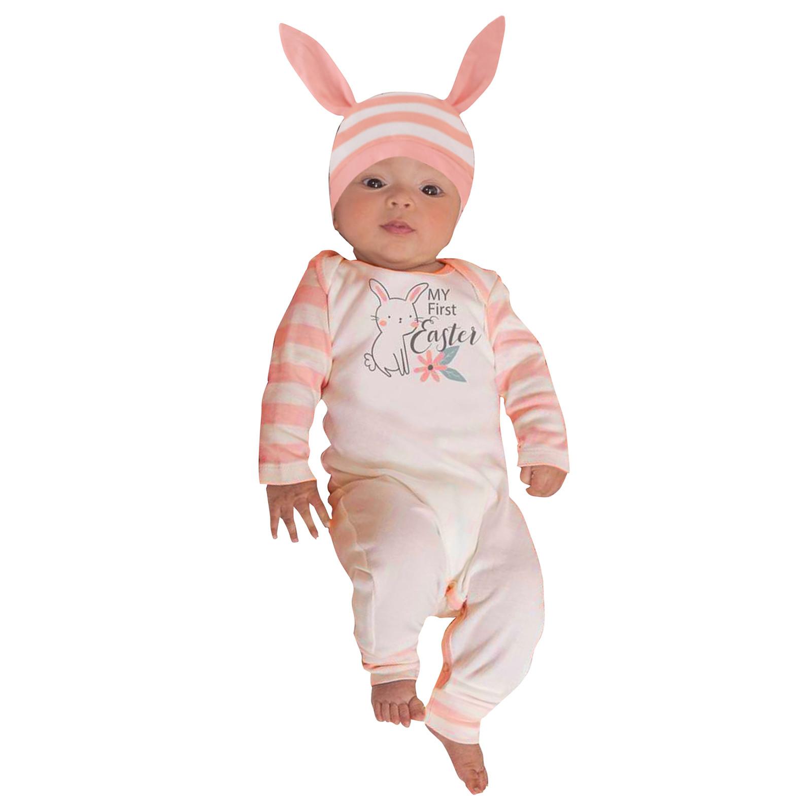 

Комбинезон в полоску с принтом кролика для новорожденных, пасхальный пэчворк, комбинезон 90 розовый
