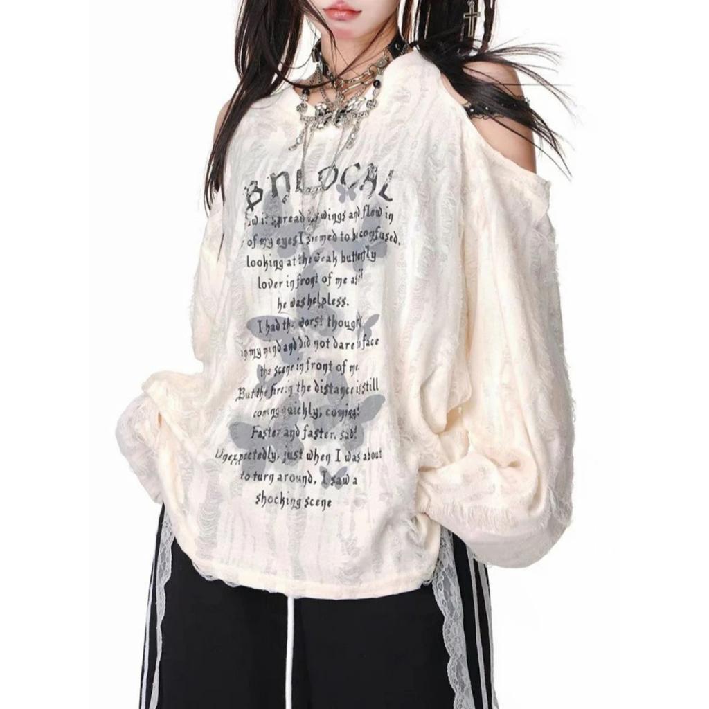 VAYLA Y2k Gothic Grunge Dark Hollow Out T Shirt Women Harajuku Hollow Out Off Shoulder Sexy Tees Punk Letter Print Tops New