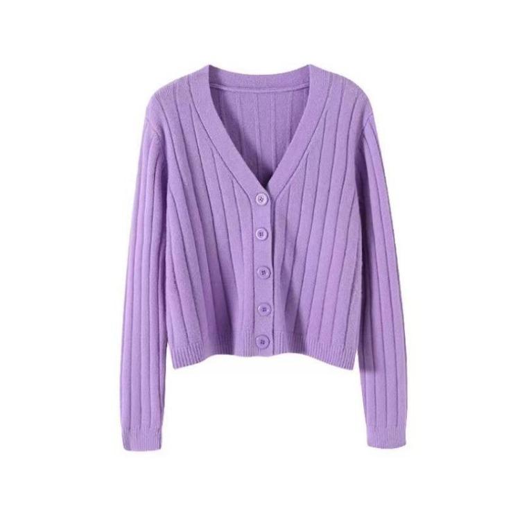 Women's V Neck Knitted Cardigan Short Jacket Loose Long Sleeve Autumn Versatile Outfit Top Sweater