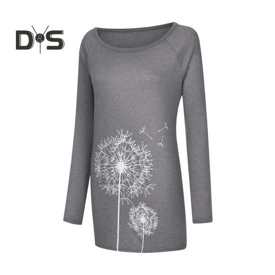 Women's Plus Size Tunic Top Dandelion Print Longline Shirt Crew Neck Long Sleeve Pullover Tee Casual Loose Fit Blouse for Work Daily Life