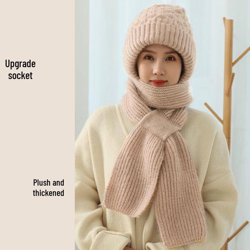 Women's Double-Layer Fleece-Lined Wool Knit Hat and Scarf 