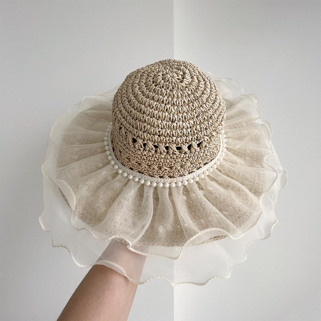 Lace Pearl Straw Hat Femininity Big Brim Shade Sunscreen Hat Soft Sister Seaside Resort Beach Sun Hat