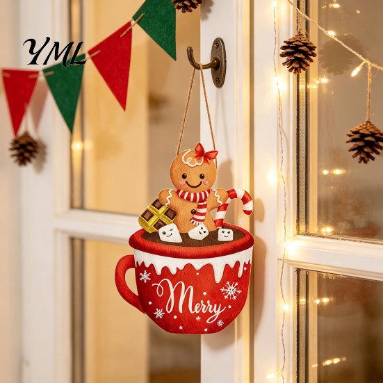 Christmas Party Theme Decor Wooden Hanging Sign, Cute Gingerbread Man Hot Cocoa Mug Welcome Door Rustic Holiday Sign Hanger for Indoor Outdoor