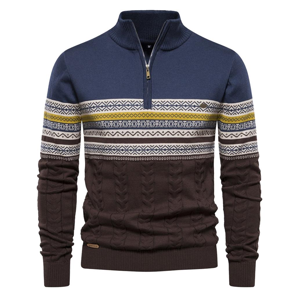Men's Winter Print Stand Collar Half Zipper Slim Fit Knit Long Sleeve Top
