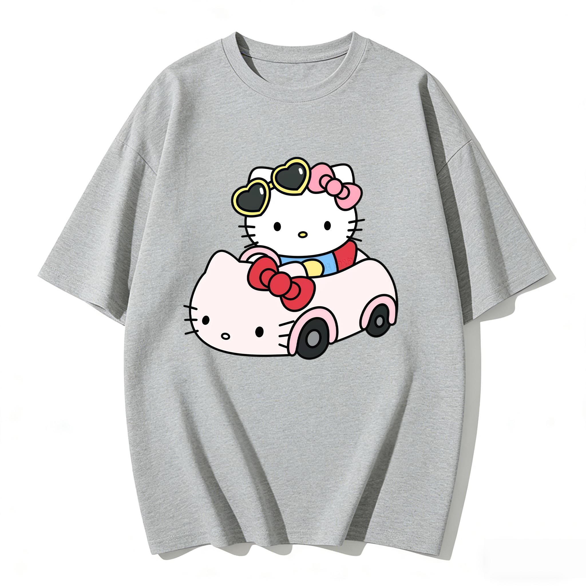 

2026 Summer Hello Kitty Cartoon Printed Short Sleeve Pure Cotton Tshirts Womens Family Matching Outfits Versatile Y2k Tops Tee S