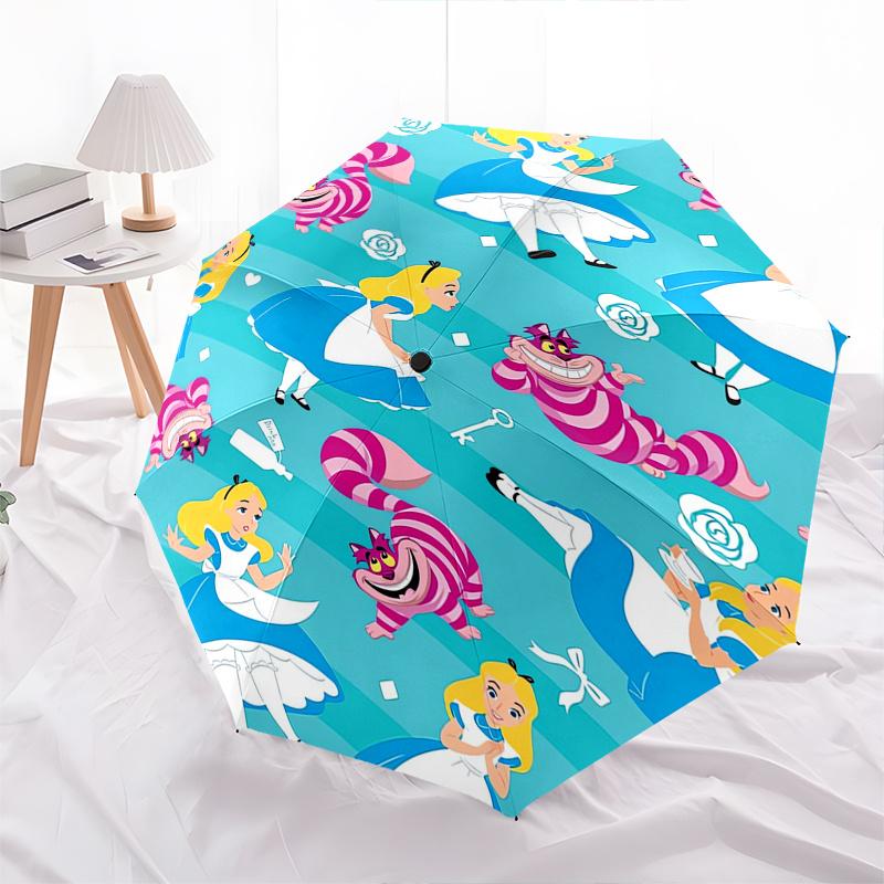 

Alice,Wonderland,Cheshire Cat Theme Automatic Compact Folding Cute Umbrella - Portable and Durable, 8-Bone Iron Umbrella for All Weather0707