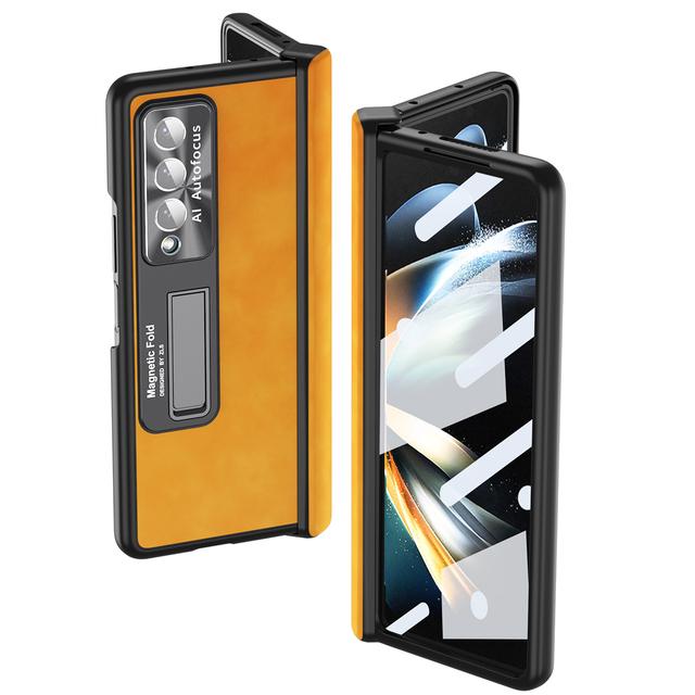 Fashion Front Glass Protector Leather Case For Samsung Galaxy Z Fold4 Zfold4 Fold 3 Fold3 Fold 4 Comfortable Kickstand Cover