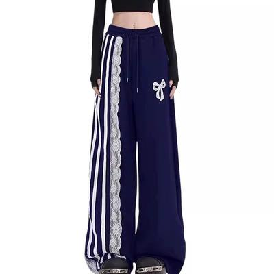 Süße coole Spitze Versteckte blaue gestreifte sportliche Freizeithose Damen Hohe Taille Locker Gerade Bodenhose