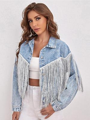Frühling Herbst Frauen Quaste Denim Jacke Tops Casual Dame Street Style Denim Mantel Weibliche drehen-unten Kragen Taste Kurze tops