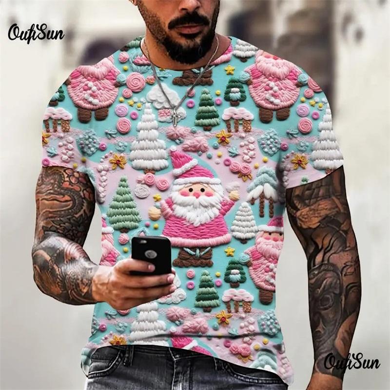 

Рождественская футболка с принтом по всей поверхности для мужчин Одежда Футболка с коротким рукавом и круглым вырезом Санта-Клаус Мужская футболка оверсайз Топы S