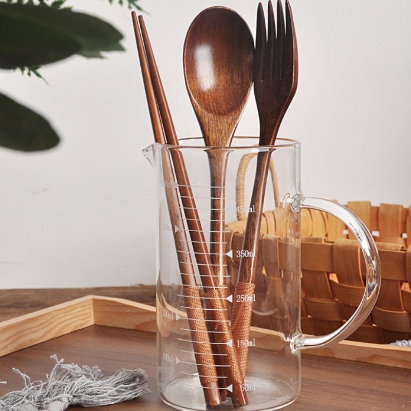 3Pcs Wooden Spoon Fork Dinnerware Set Long Wood Spoon and Fork Set Dessert Soup Spoon Dining Fork Chopsticks Cutlery Tableware