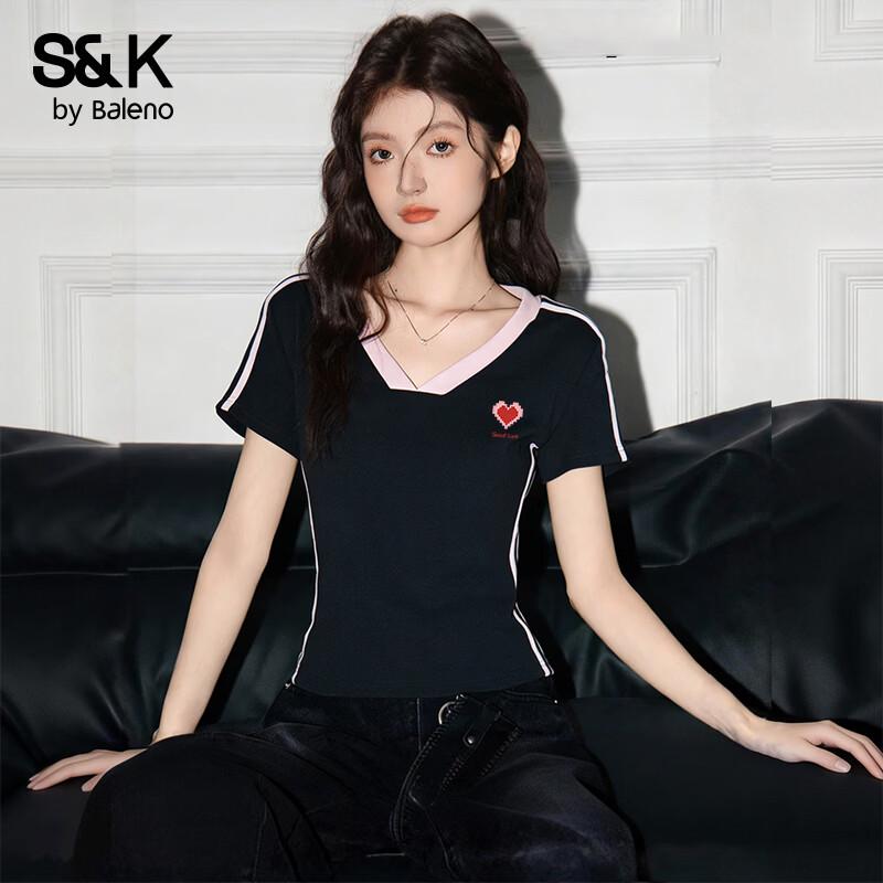 Baleno S&K V-Neck Contrast Short Sleeve T-Shirt for Women