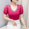 Summer V Neck Short Sleeved Women's T Shirt Fashion Sexy Diamond Mesh Tees Lace