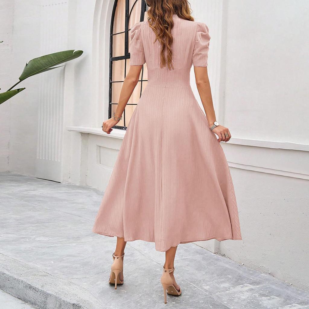 2026 Spring Summer Women's High Waist Solid Color Waist-Cinching Short Sleeve Dress