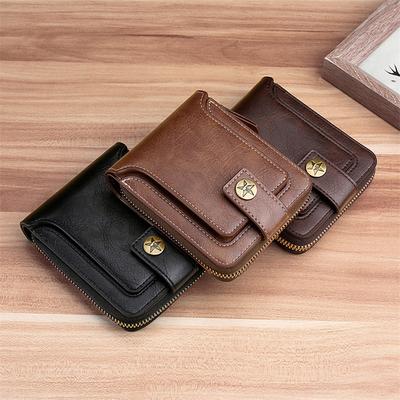 Vintage Herrenbrieftasche Leder Kurze Geldbörse Herren Haken Reißverschluss Clutch Einfarbige Geldbörsen Hohe Qualität Langlebig Praktische Geldbörsen