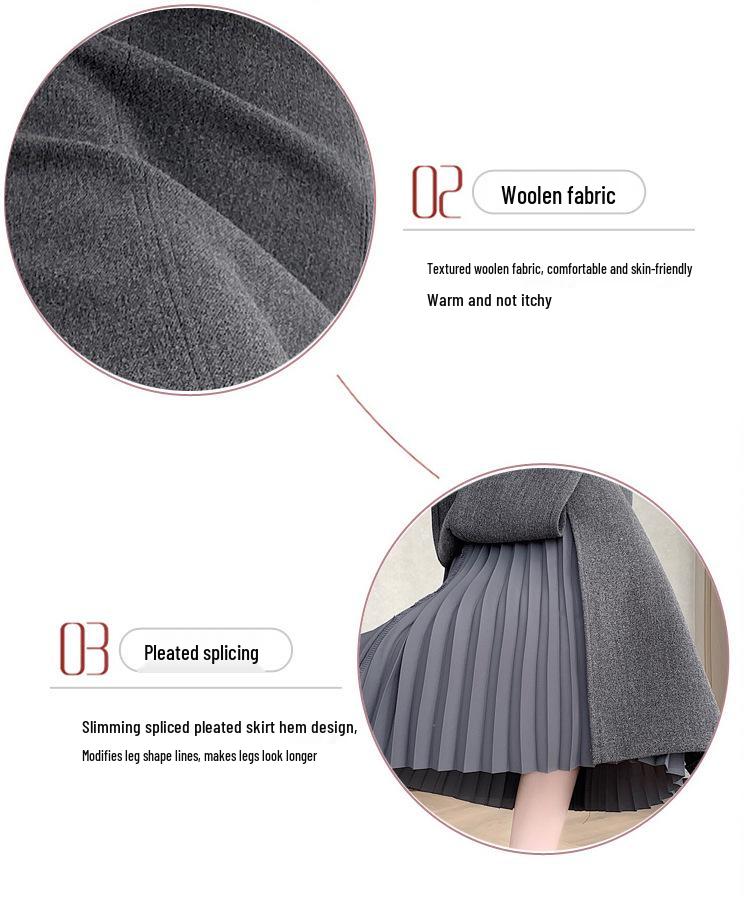 Women's Gray Wool Plaid Pleated A-Line Skirt - High Waist, Mid-Length, Slimming, with Slit for Autumn/Winter