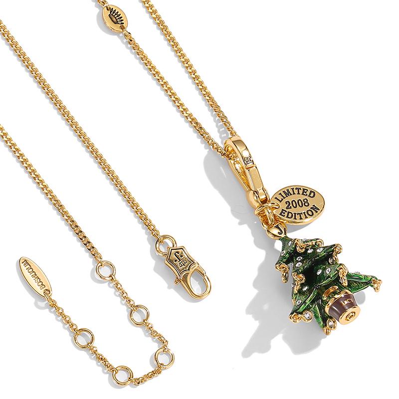 Elegant Green Christmas Tree Pendant Keychain Necklace with Enamel and Diamond Inlay.