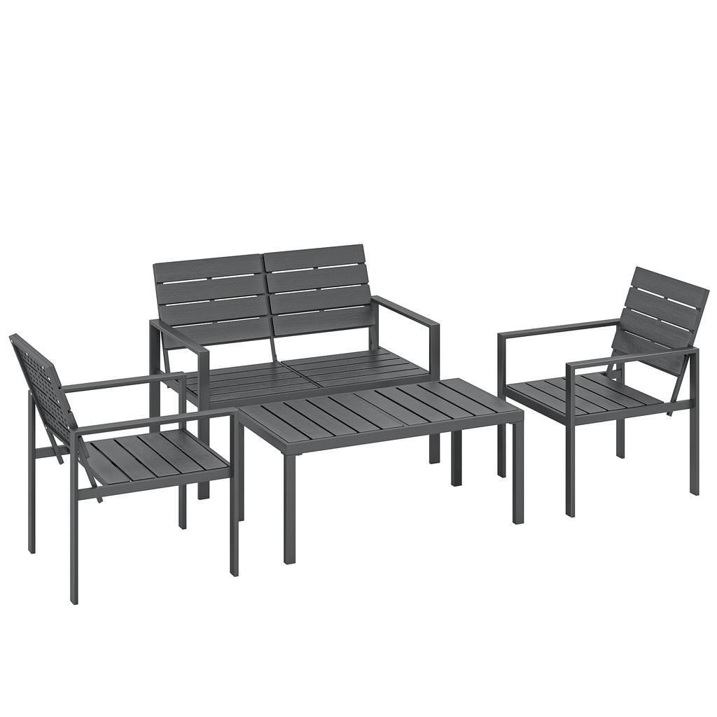 4 Piece Garden Furniture Set, Outdoor Sofa Set with HDPE Slatted Loveseat Armchairs Coffee Table Metal Frame, Dark Grey