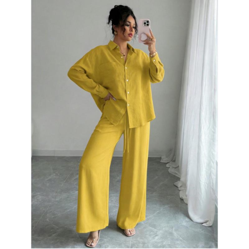 Spring Fashion Plus-Size Women's Two-Piece Set: Linen-Style Shirt & High-Waisted Loose Pants