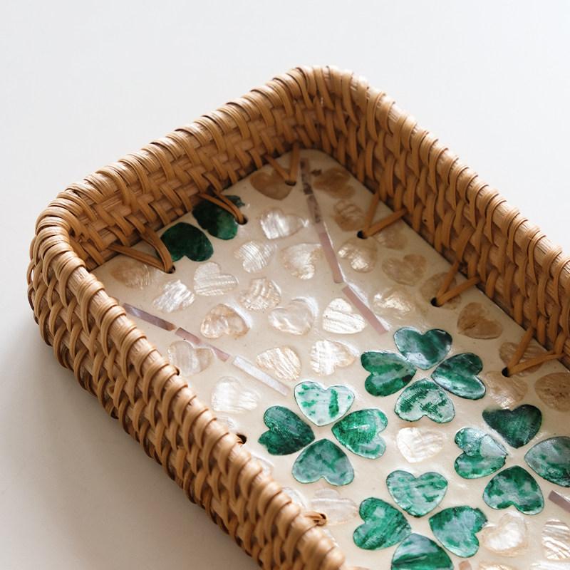 Rattan Storage Basket Colorful Shell Patterns Square Tray Desktop Storage Container Fruit Platter Wicker Basket Organizer