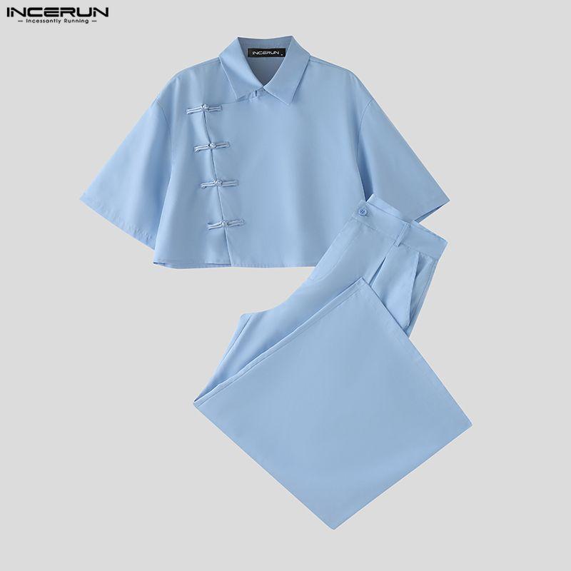 INCERUN Two Pieces Summer Men Lapel Neck Short Sleeve Cropped Tops and Pants Sets
