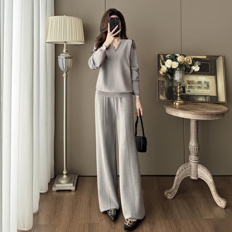 Women's V-Neck Knit Set - Autumn Fashion, Solid Color Two-Piece Trousers and Top