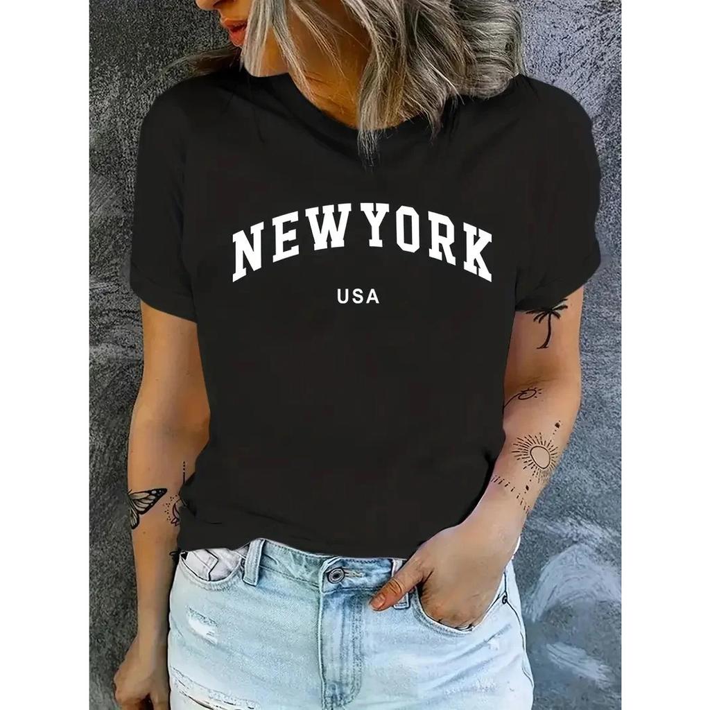 NEW YORK USA Letter Graphic Versatile T-shirts, Fashion Loose Casual Sports Summer Crew Neck Short Sleeved Top, Women's Tops